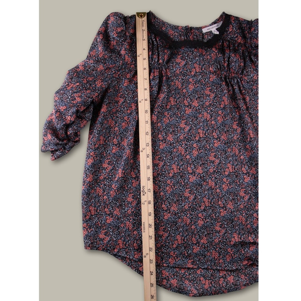Avec Les Filles Floral Lace Trim Ruched Sleeve Blouse M Navy Coral Boho Chic Top - Picture 9 of 9